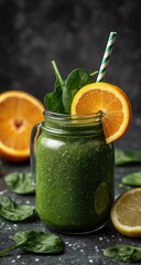 Vibrant green smoothie in a mason jar, garnished with spinach and orange slices