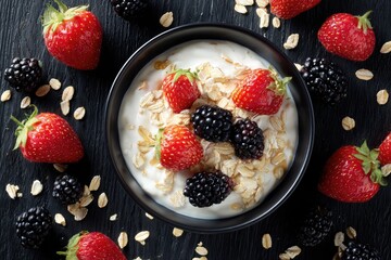Top-down view of a bowl of yogurt topped with granola, fresh strawberries, and blackberries