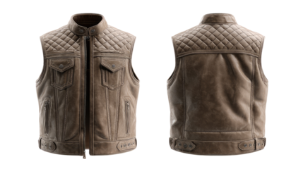 Tan leather biker vest, front and back views