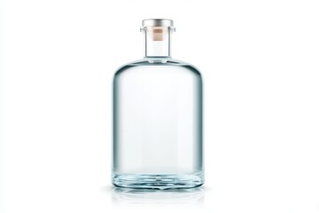 Clear glass bottle with cork stopper on white background