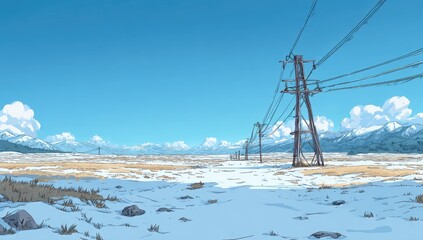 Vast snowy plains stretch to distant mountains under a clear blue sky, with power lines snaking across the landscape
