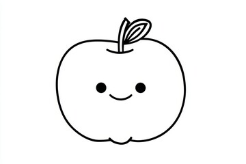 Obraz premium Smiling kawaii apple outline with leaf on white background