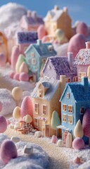 Pastel-colored miniature village nestled in snowy landscape