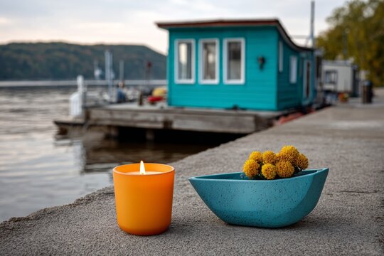 Tranquil lakeside scene with teal houseboat, candle, and yellow flowers at sunset