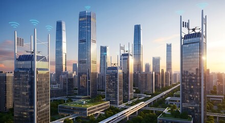 Futuristic city skyline with advanced technology skyscrapers drones
