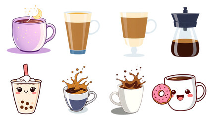 A colorful collection of assorted hot coffee, tea, and espresso beverages in various mugs and glass cups with sweets, perfect for a cafe menu design