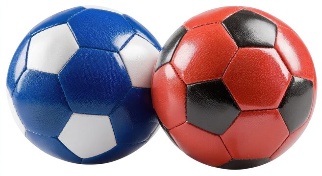 Two soccer balls, one blue and white, the other red and black, sit side-by-side against a white background. Each ball features a classic soccer ball pattern of hexagonal panels - Powered by Adobe