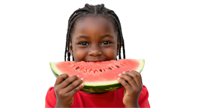 Joyful Young African Girl Savors Delicious Juicy Watermelon Slice Isolated on Transparent Background Summer Fun