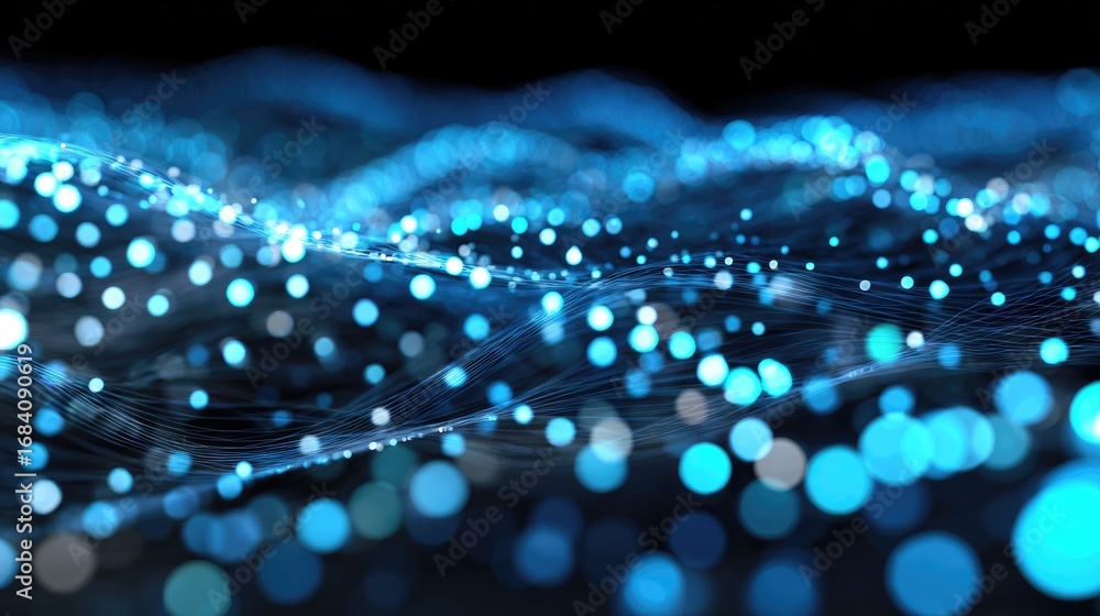 Poster an abstract representation of shimmering blue light particles floating in a digital space, creating 