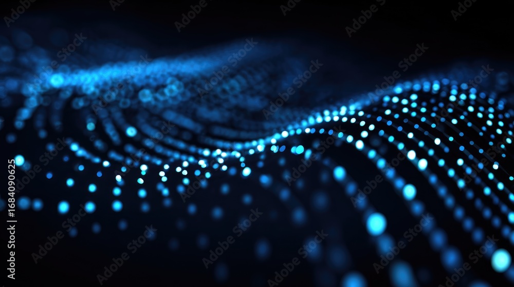 Poster a stunning visual of blue digital waves, showcasing an array of glowing particles that create a dyna