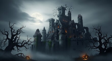 Spooky castle haunted by bats under a full moon image