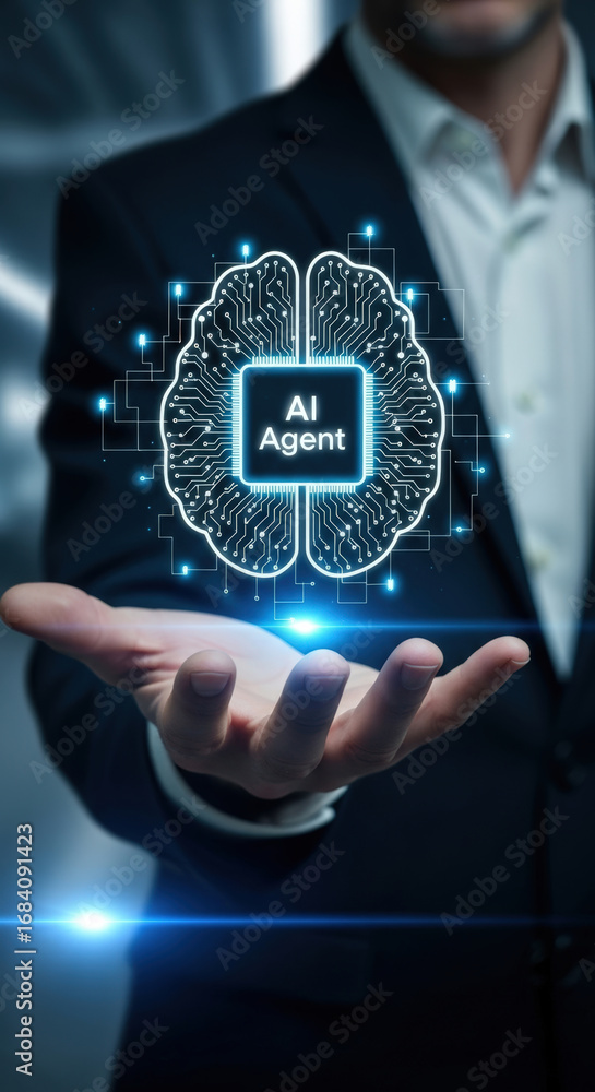 Poster businessman hand holding glowing digital brain with ai agent text on virtual interface. concept of a