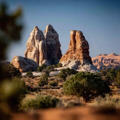Desert landscape with prominent sandstone rock formations. Sunlight highlights the varied textures and colors of the arid terrain.