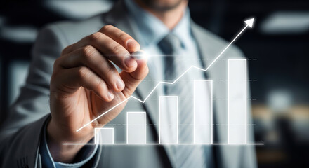 Businessman drawing rising bar chart with glowing line arrow on virtual interface. Concept of financial growth, success and business analytics
