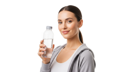 Woman drinking water bottle hydration fitness lifestyle healthy girl wellness beauty skincare model shot on transparent background