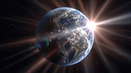 Obraz premium A stunning view of Earth illuminated by the sun, showcasing vibrant colors and details of continents, oceans, and clouds