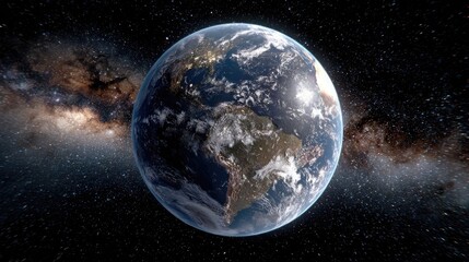 Obraz premium A stunning view of Earth from space, showcasing its vibrant blue oceans, white clouds, and green landmasses set against the expansive blackness of the cosmos