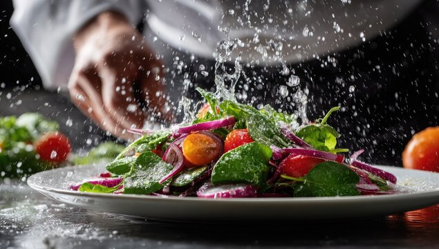 Chef preparing a vibrant salad with water spray - Powered by Adobe