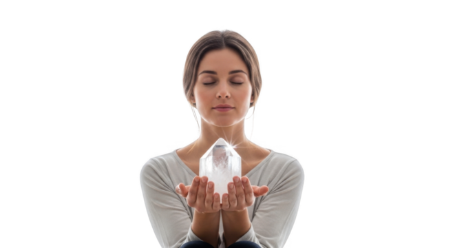 Woman holding crystal for meditation healing and spiritual wellness energy balancing and chakra cleanse practice on transparent background - Powered by Adobe