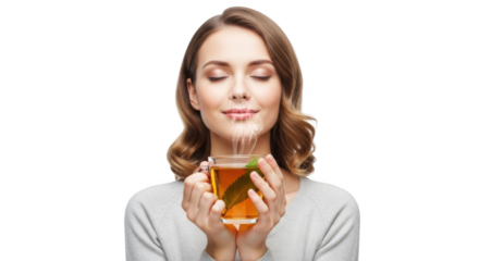 Woman enjoying herbal tea aroma a moment of relaxation and wellness with a cup of hot beverage in hand on transparent background