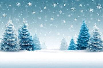 Obraz premium Snowy winter landscape with frosted pine trees and falling snowflakes