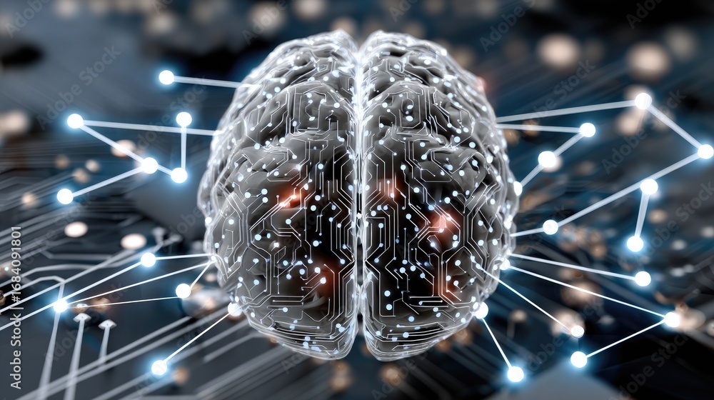 Poster a conceptual image showcasing a digitally rendered brain interconnected with glowing circuits, symbo