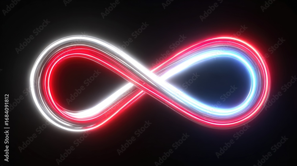 Poster a modern neon infinity symbol illuminated in red and blue against a dark background, representing en