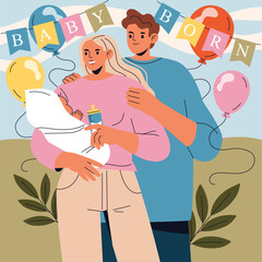 Happy Family Celebrating Newborn Arrival with Balloons