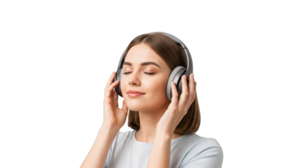 Woman listening to music with wireless headphones enjoying sound quality and relaxing with closed eyes on transparent background