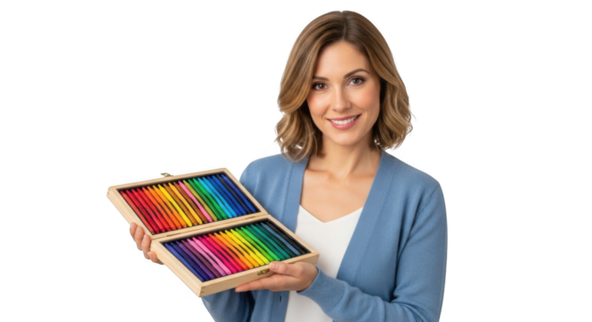 Smiling woman holding wooden box of colored pencils art supplies drawing tools for artists and creatives on transparent background