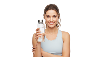 Woman drinking water after workout hydration tips for healthy lifestyle and fitness routine guide online on transparent background