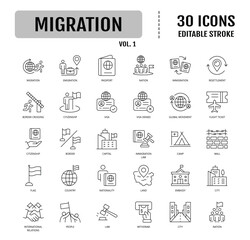 Migration Icon set. Containing visa, passport, border, migrant, customs officer, country, immigration and more. Editable stroke. Vector illustration