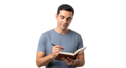 Man writing in notebook planning ideas business strategy note taking journal inspiration writing notes on transparent background
