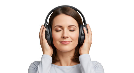 Naklejka premium Woman listening to music with headphones enjoying sound quality and relax black background studio shot on transparent background