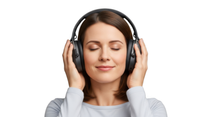 Woman listening to music with headphones enjoying sound quality and relax black background studio shot on transparent background