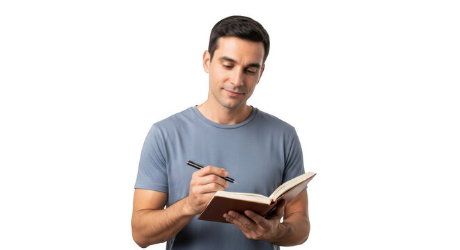 Man writing in notebook planning ideas business strategy note taking journal inspiration writing notes on transparent background