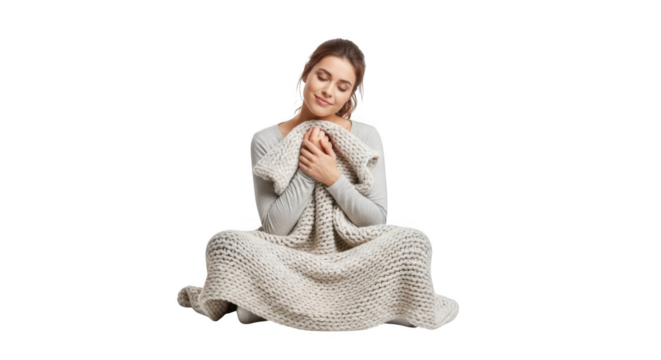 Cozy woman wrapped in blanket feeling comfort and warmth home relaxation lifestyle winter season concept on transparent background