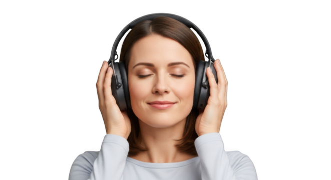 Woman listening to music with headphones enjoying sound quality and relax black background studio shot on transparent background - Powered by Adobe