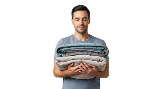Man holding weighted blankets for sleep and anxiety relief promoting relaxation and calming effect on transparent background