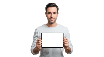 Man holding tablet mockup presentation blank screen digital device marketing advertising isolated black background on transparent background