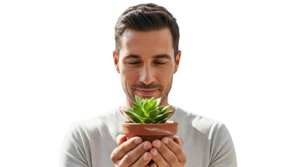 Man holding succulent plant in small pot indoor gardening hobby home decor green thumb plant care tips on transparent background