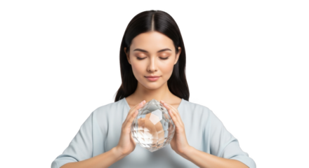 Woman holding crystal ball for meditation and healing energy wellness spiritual practice concept on transparent background