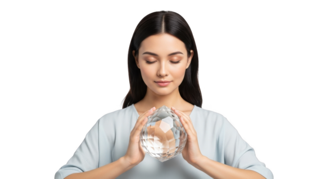 Woman holding crystal ball for meditation and healing energy wellness spiritual practice concept on transparent background