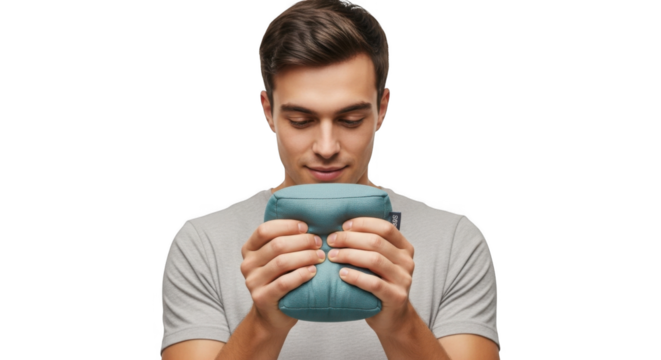 Man squeezing stress ball for anxiety relief and stress management in a modern lifestyle concept on transparent background