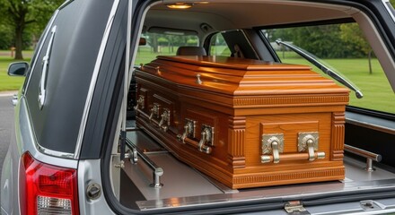 A wooden coffin inside a hearse, ready for a funeral ceremony, with a serene backdrop.