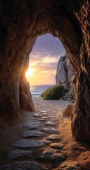 Sunrise through a cave opening onto a beach