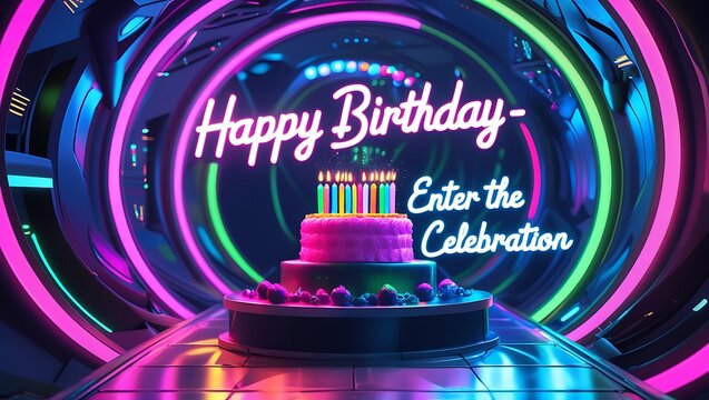 Neon birthday cake with candles in a futuristic celebration tunnel, enter the party now!