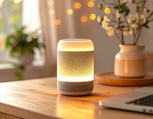 Smart home assistant speaker with glowing ambient light on a wooden desk