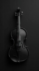 Fototapeta premium A sleek, black violin is showcased against a profound black backdrop, highlighting its intricate design and elegant form.