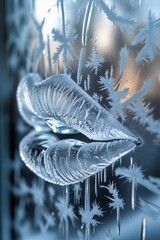 Frosted lip impression on glass with intricate ice patterns  